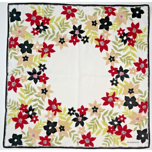 Burberry Scarf Plaid Nova Check Pattern w Red Black Flowers Floral Cotton - Picture 2 of 9